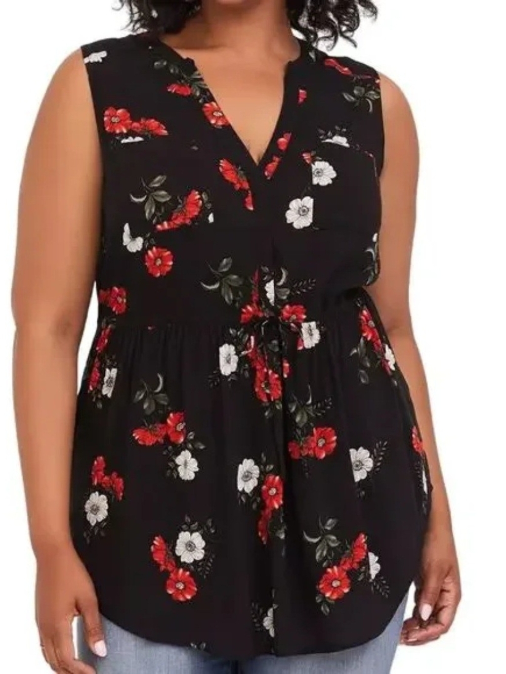 torrid Black Floral Sleeveless Tunic with Red & White Flowers